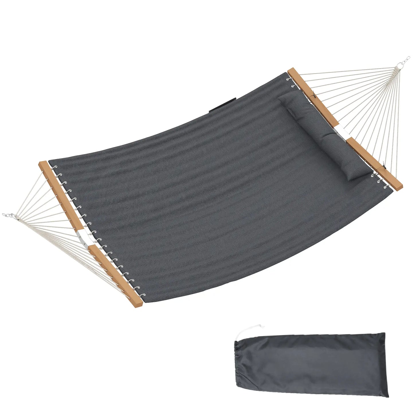 Padded Camping Hammock With Pillow, Spreader Bars, 200 x 140 cm, Grey Camping Hammocks Grey, Natural Wood at Gallery Canada