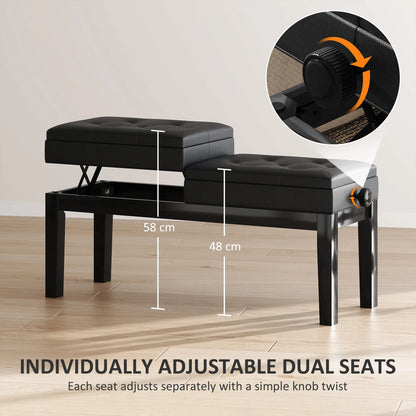 Height Adjustable Piano Bench with Storage, PU Leather Tufted, Black Piano Benches at Gallery Canada