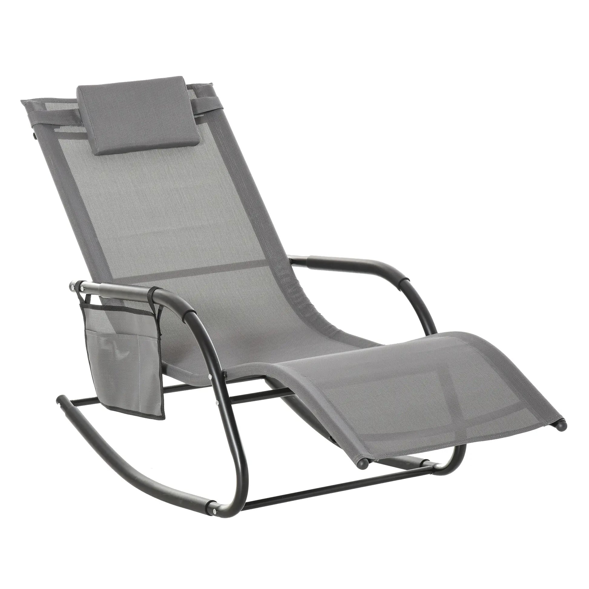Outdoor Rocking Chair, Mesh Fabric, Removable Headrest, Side Pocket, Grey Outdoor Rocking Chairs Grey at Gallery Canada
