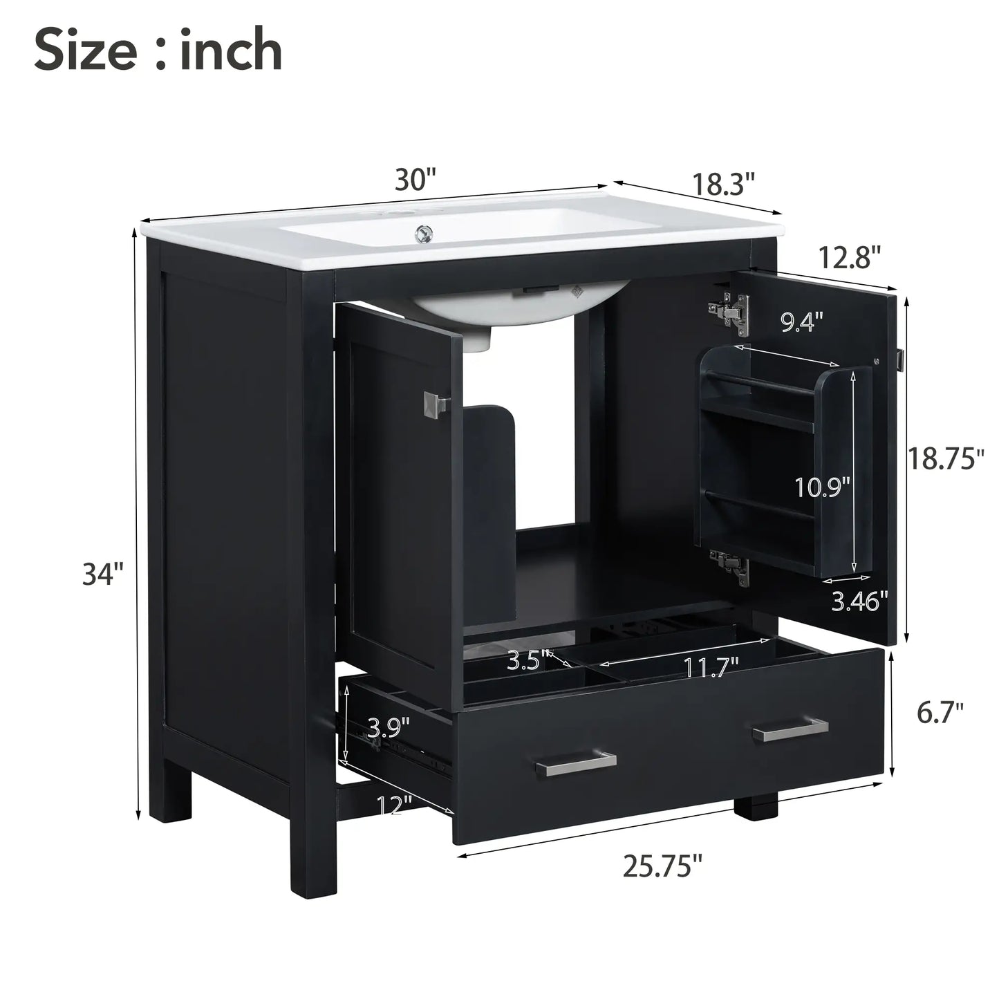 30" Bathroom Vanity, Single Undermount Sink, Soft-Close Doors, Black+White Sink Cabinets at Gallery Canada