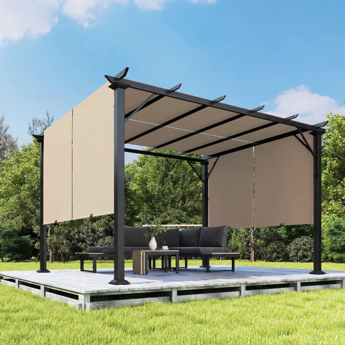 12' x 10' Outdoor Gazebo, Retractable Canopy, Steel Frame, Light Brown Pergolas at Gallery Canada