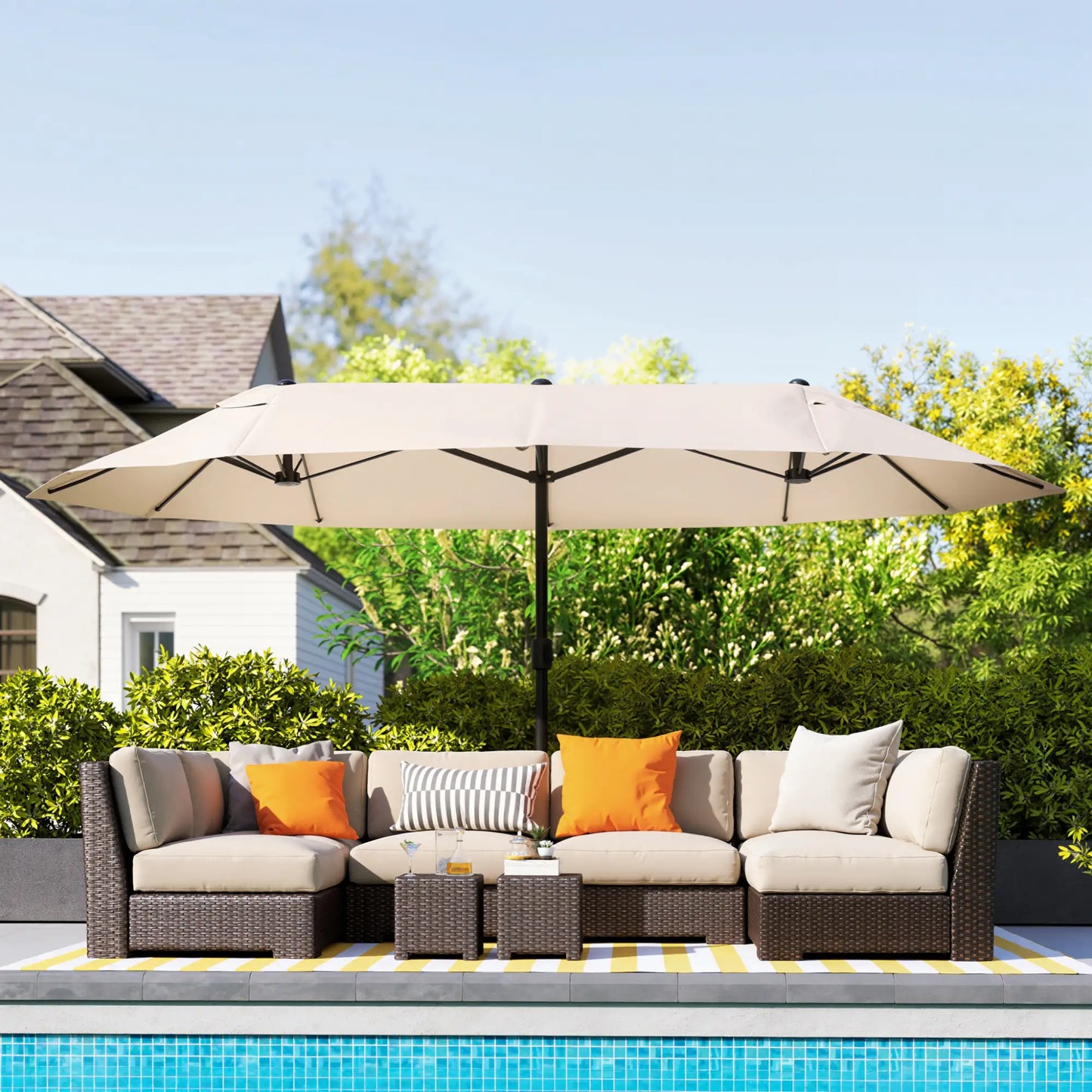 15' Outdoor Patio Umbrella, Twin Canopy Sunshade, Lift Crank, Beige Sun Umbrellas at Gallery Canada