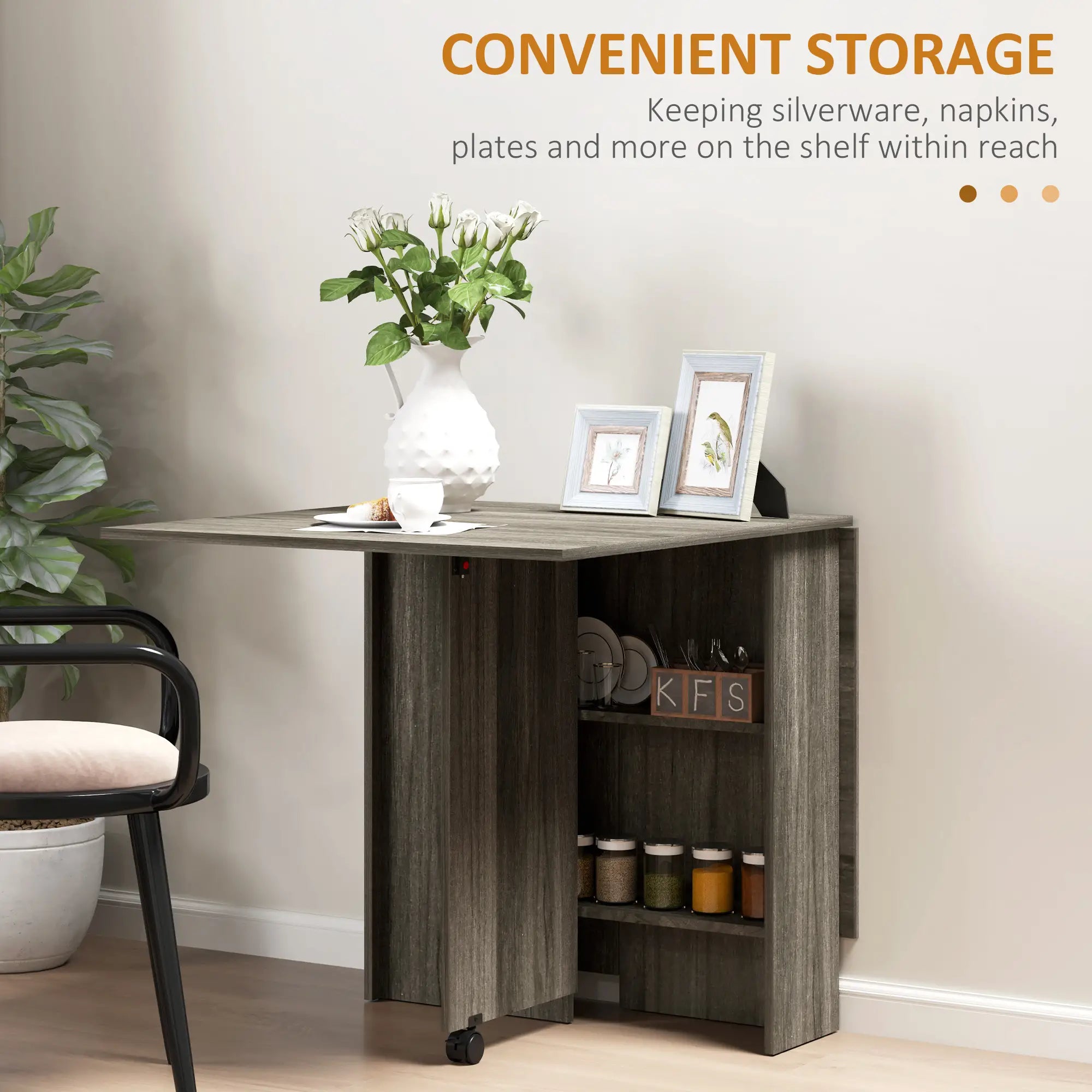 Extendable Dining Table, Collapsible w/ Shelves, Grey Wood Grain, Grey Dining Tables at Gallery Canada