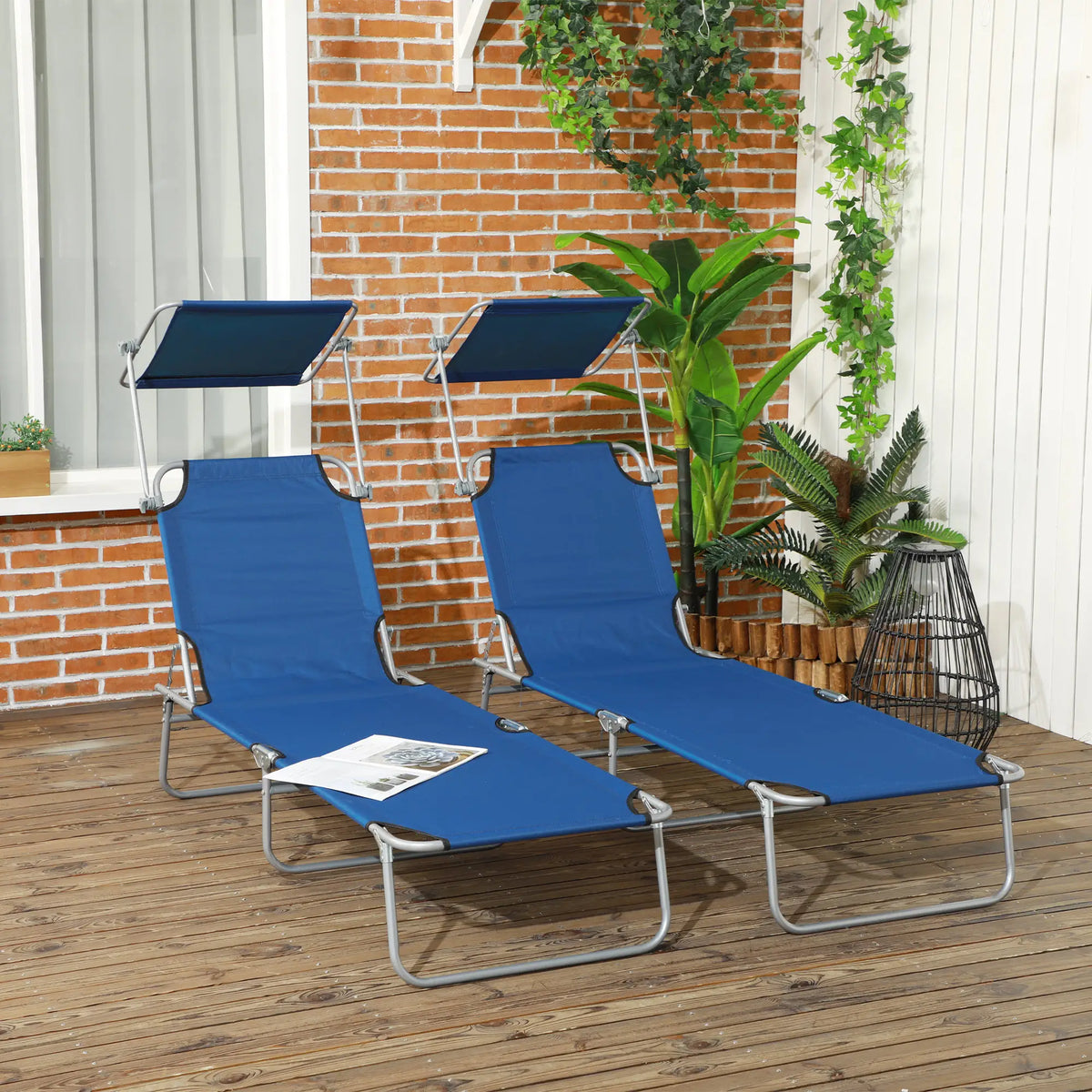 Outdoor Lounge Chair, Adjustable Folding Chaise With Sun Shade, Blue Lounger Chairs at Gallery Canada