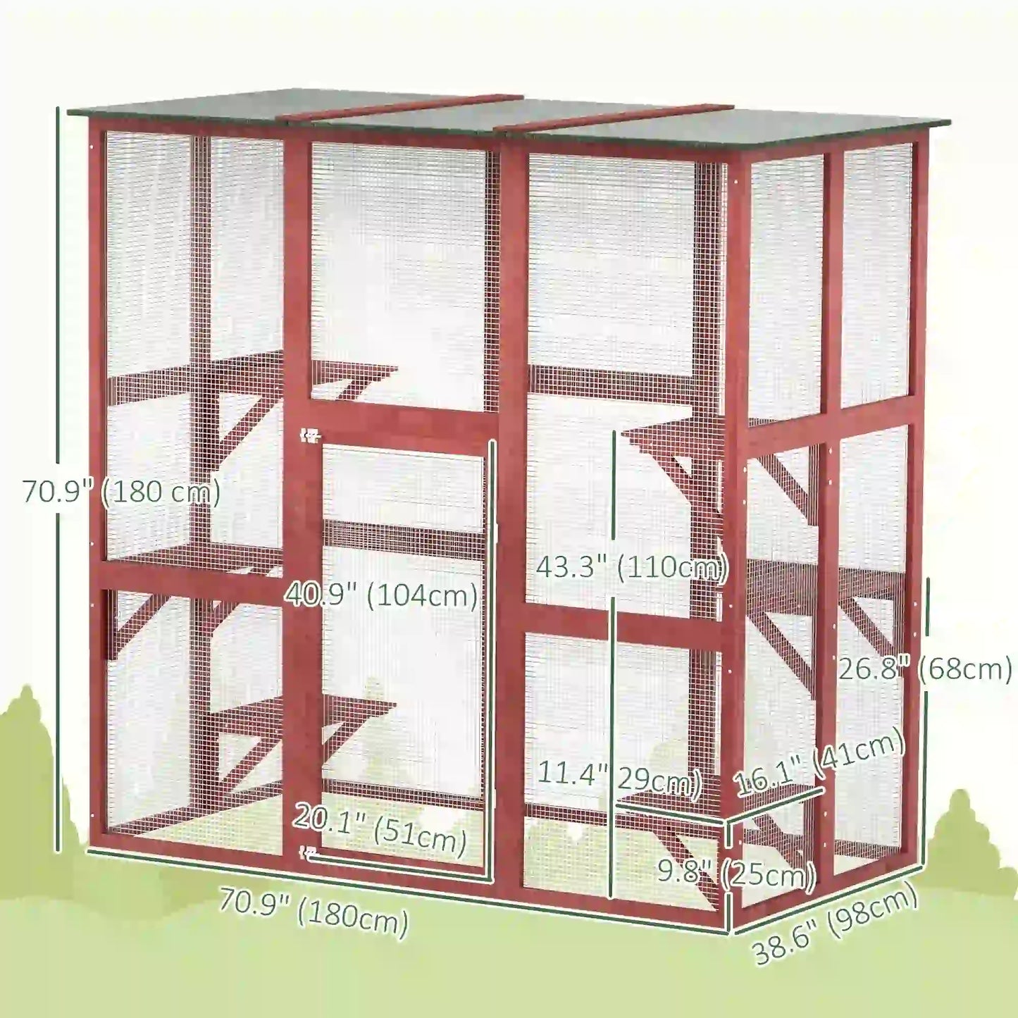 71" x 39" x 71" Cat Cage, Large Outdoor Wooden Cat Patio, 6 Platforms, Asphalt Roof, Wine Red Outdoor Cat Enclosures at Gallery Canada