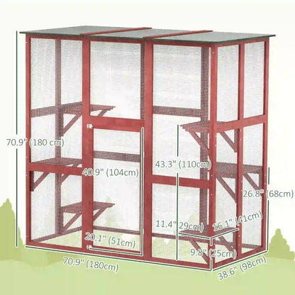 71" x 39" x 71" Cat Cage, Large Outdoor Wooden Cat Patio, 6 Platforms, Asphalt Roof, Wine Red Outdoor Cat Enclosures at Gallery Canada