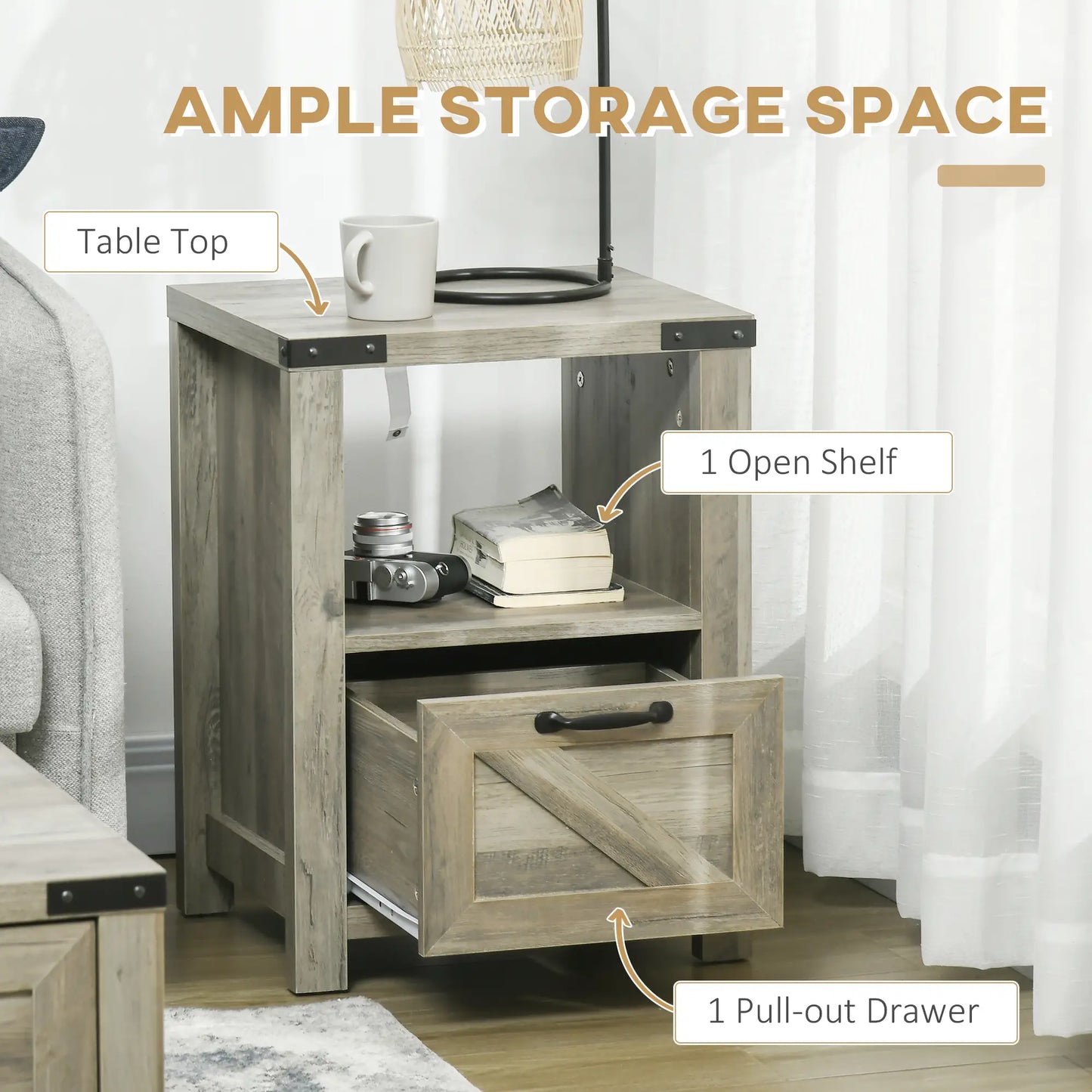 Farmhouse Side Table with Storage, Drawer, Open Shelf, Grey Side Tables at Gallery Canada