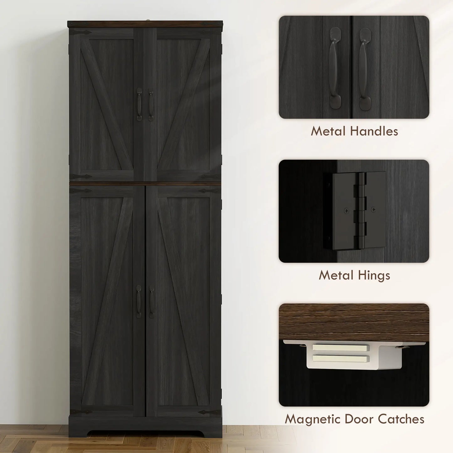 64" Tall Kitchen Pantry Cabinet, Spice Racks, Adjustable Shelves, Black Kitchen Pantry Cabinets at Gallery Canada