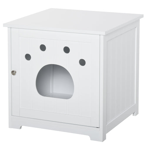 Wooden Cat Washroom Pet Litter Box Enclosure Kitten House Nightstand End Table Hideaway Cabinet with Magnetic Doors White