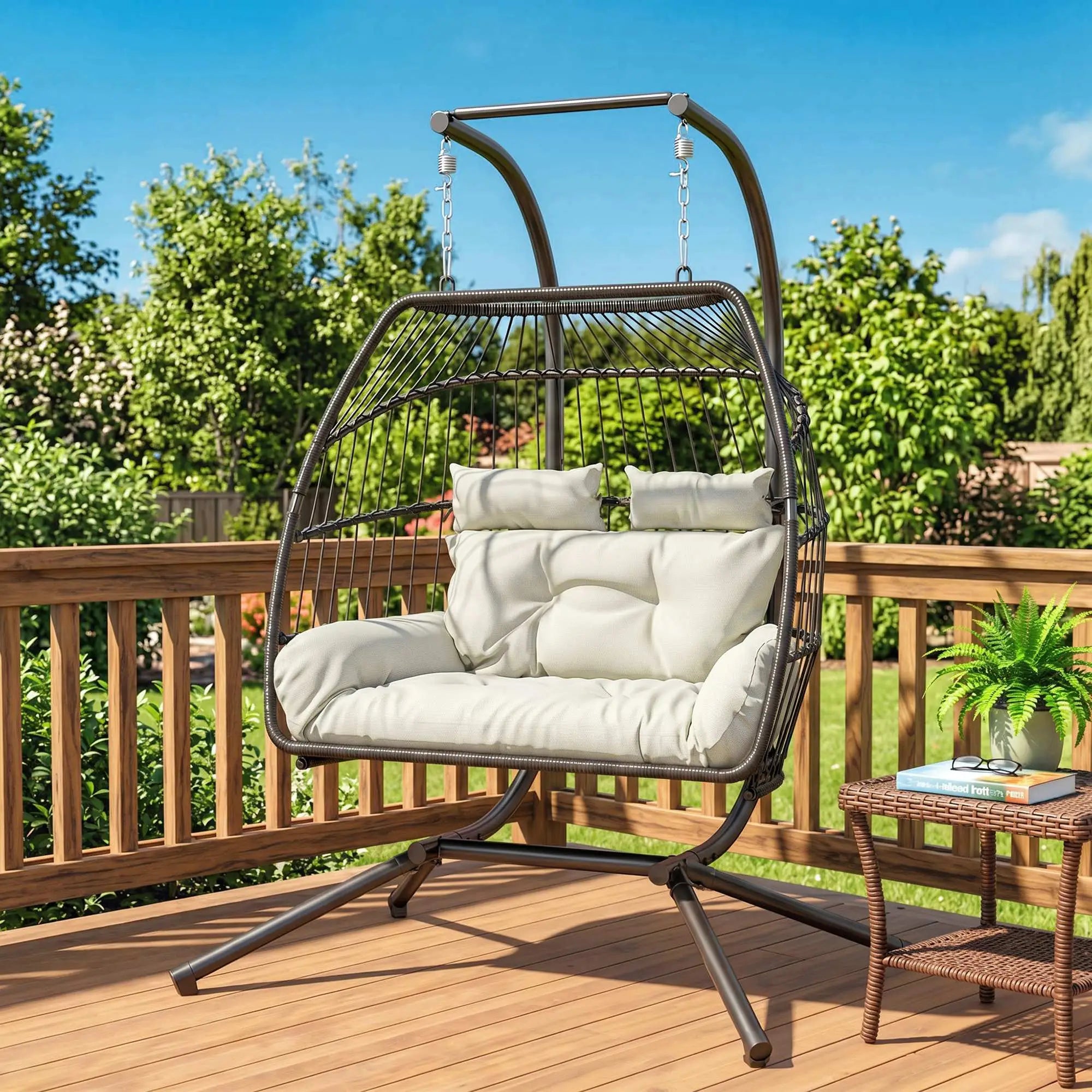 Double Wicker Egg Swing Chair, Foldable with Stand, UV Resistant Cushion, Cream White Patio Swings with Stand at Gallery Canada