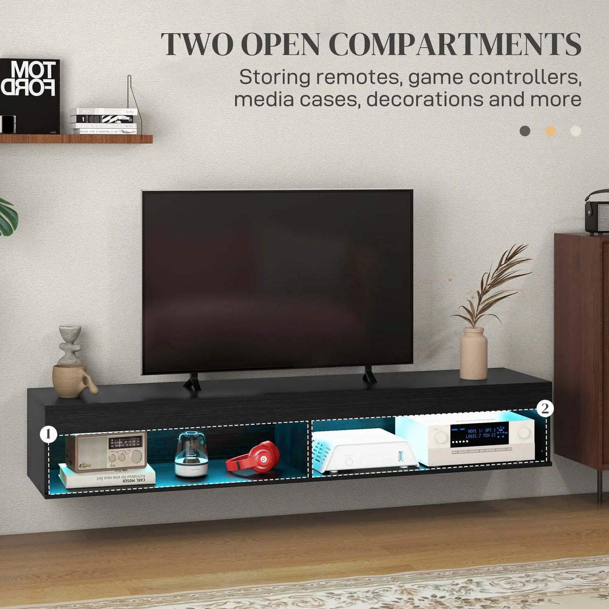 Wall Mounted TV Stand with Storage, LED Lights, 75", Black TV Stands at Gallery Canada