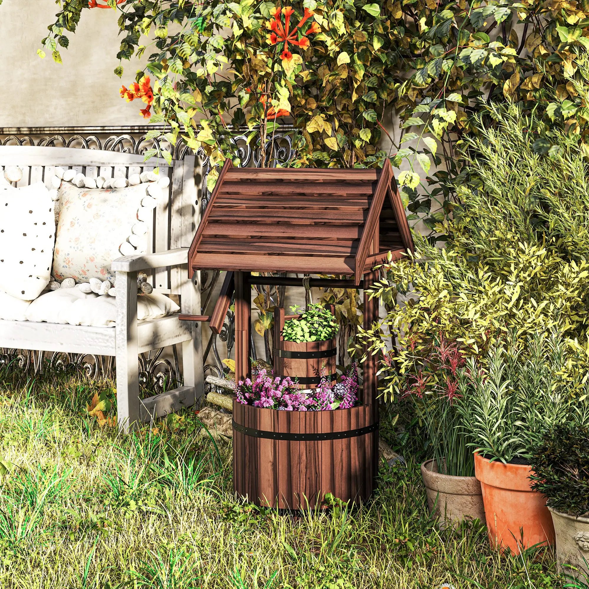 Wood Wishing Well Planter, With Hanging Bucket And Drainage, Tan Water Fountains at Gallery Canada