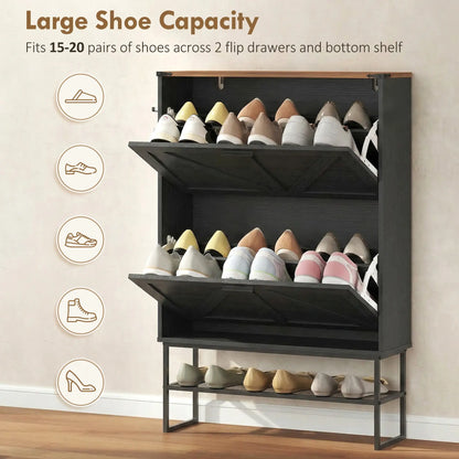 Narrow Shoe Storage Cabinet with 2 Flip Drawers, Black Shoe Storage Cabinets & Racks at Gallery Canada