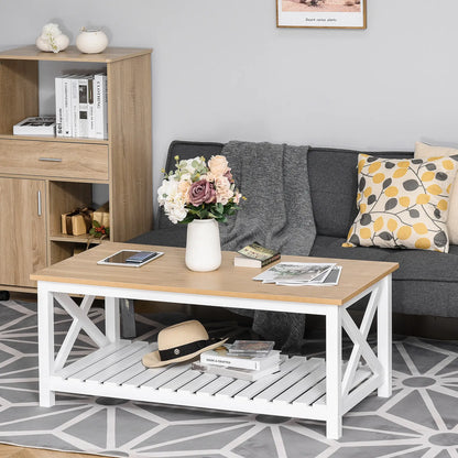 Farmhouse Coffee Table, Slatted Shelf, X Bar Frame, Natural, White Coffee Tables at Gallery Canada