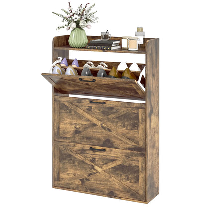 Narrow Shoe Storage Cabinet, 3 Flip Drawers, Adjustable Shelves, Rustic Brown Shoe Storage Cabinets & Racks Rustic Brown at Gallery Canada
