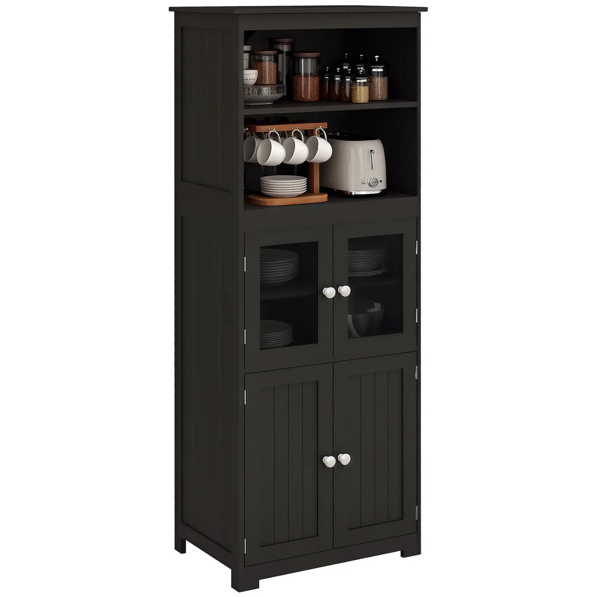 63" Small Buffet with Hutch, 4-Door Kitchen Pantry Cabinet, Black Kitchen Pantry Cabinets at Gallery Canada