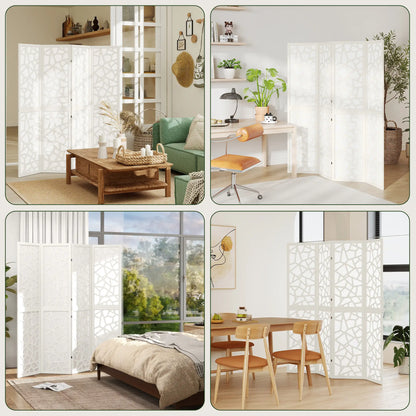 4 Panel Room Divider, 5.6 FT Geometric Pattern Privacy Screen, White