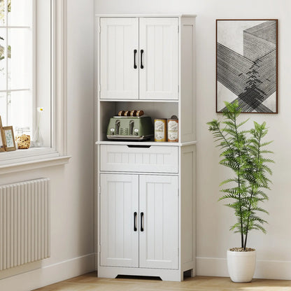 68" Tall Kitchen Buffet Hutch, 4 Doors, Drawer, Open Counter, White Kitchen Pantry Cabinets at Gallery Canada