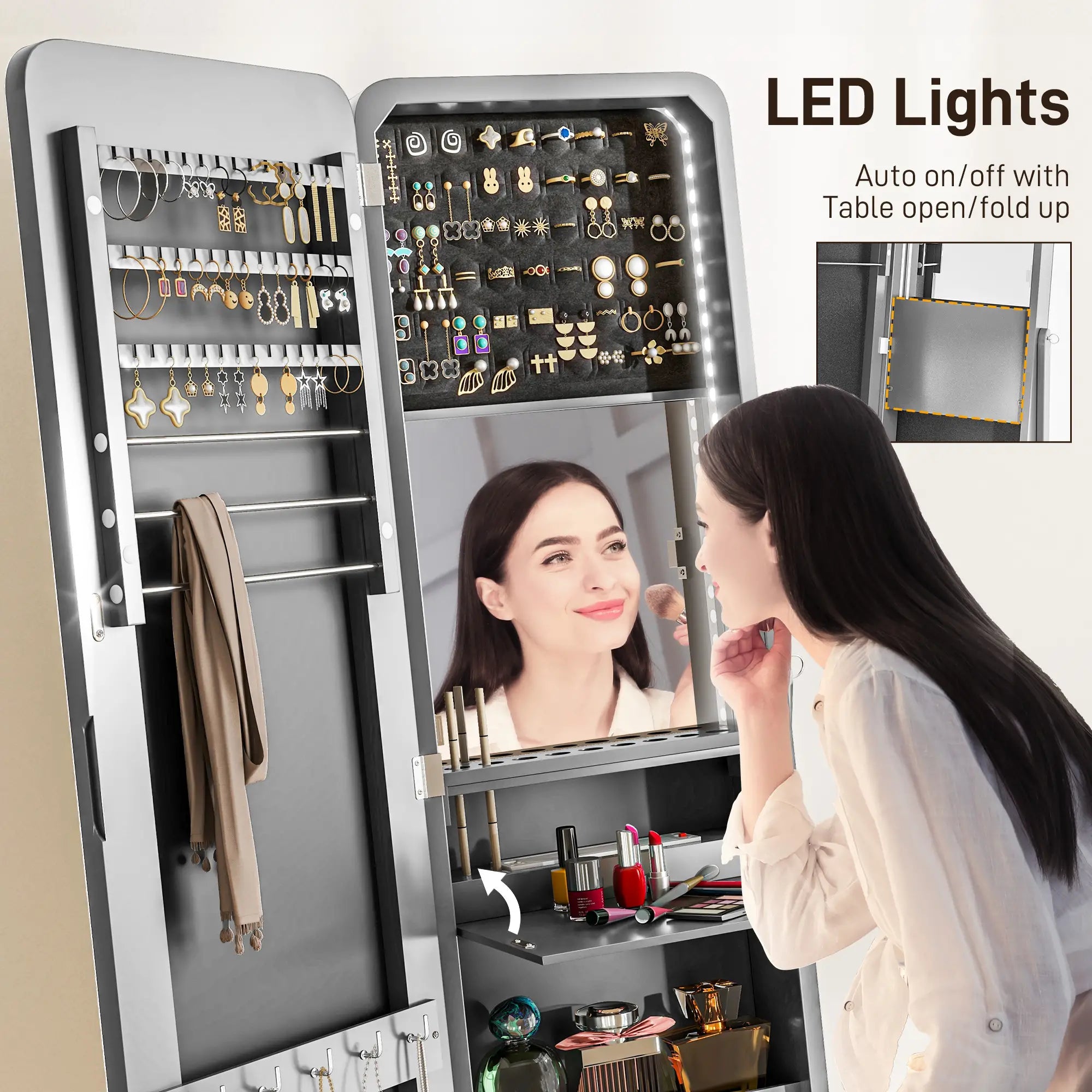 Standing Mirror Jewelry Cabinet, LED Lights, Angle Adjustable, Grey Jewelry Armoire & Jewellery Mirror Cabinets at Gallery Canada