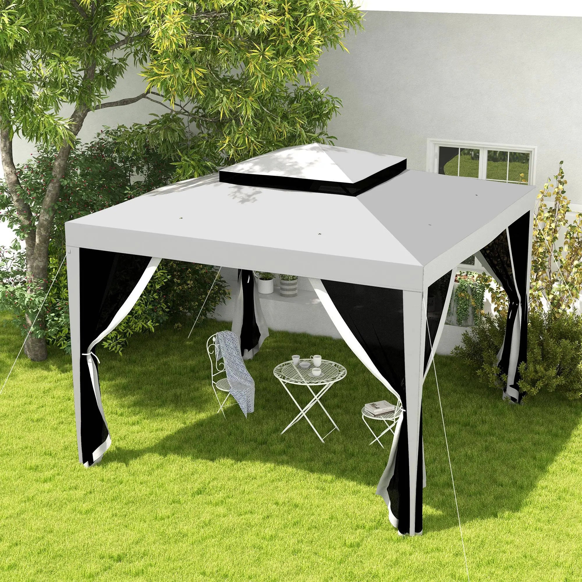 10' x 10' Outdoor Canopy Tent, Mesh Netting, Double Tier Roof, Grey Gazebos at Gallery Canada