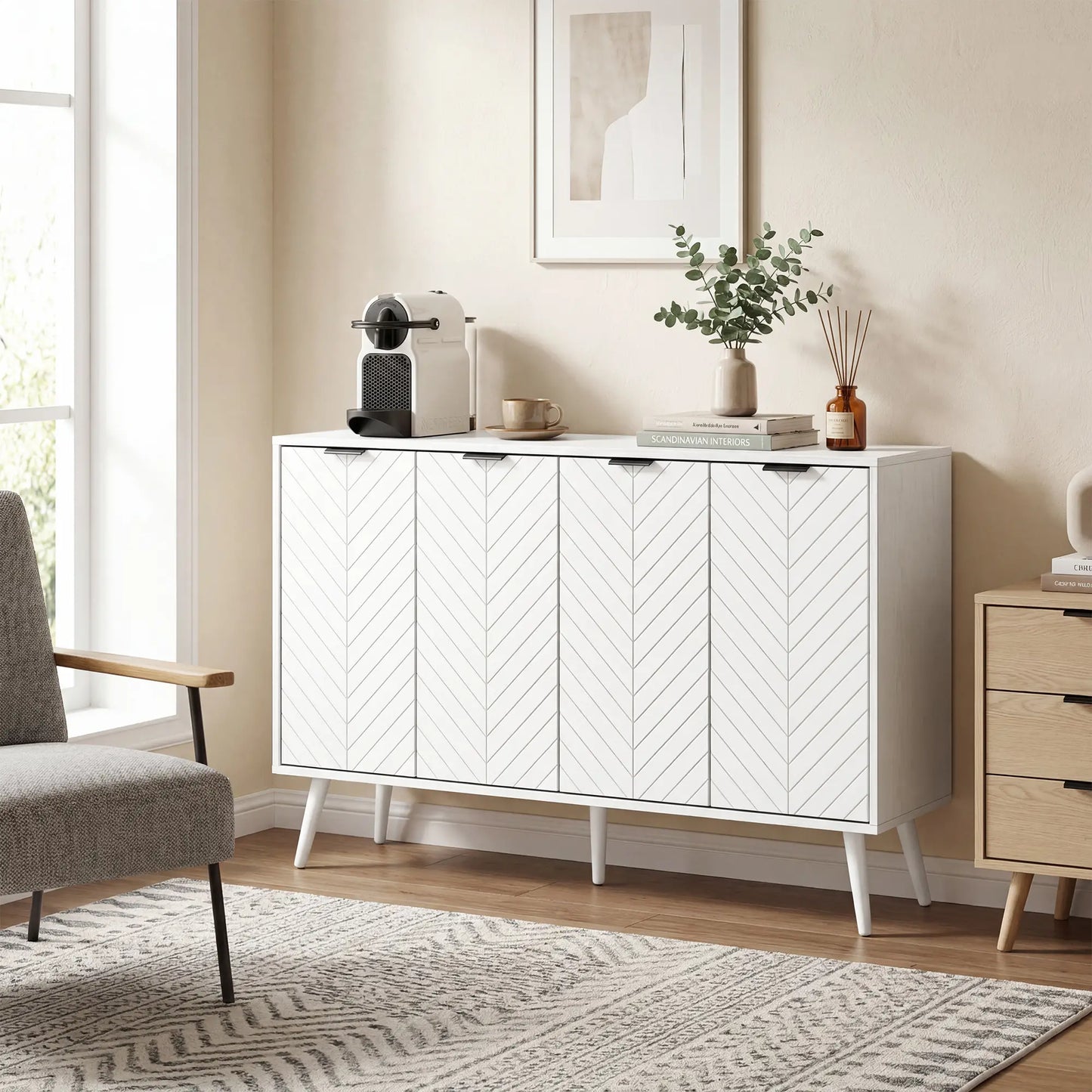 Modern Sideboard and Buffet, Dining Room Cabinet with Adjustable Shelves and 4 Doors, White