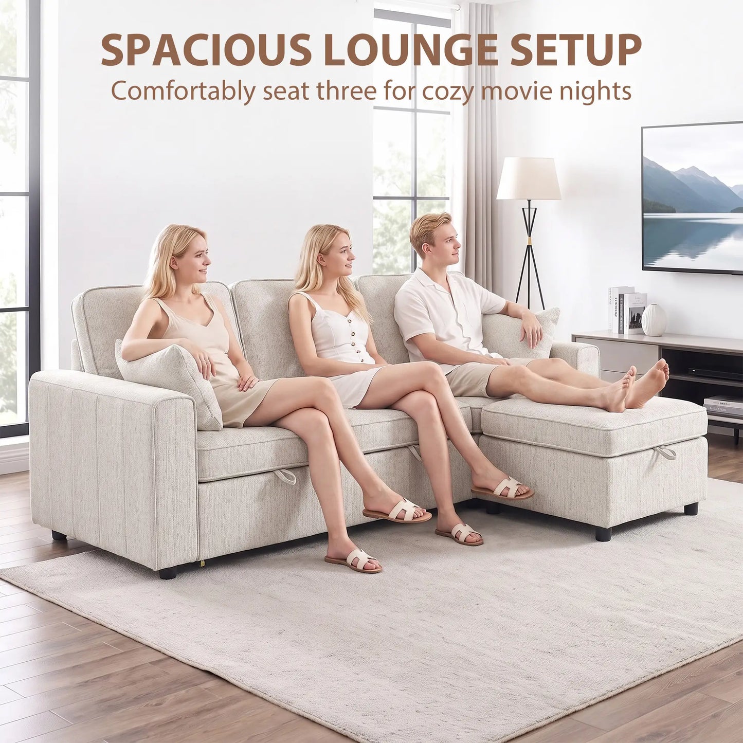 Modular Sectional Sofa Bed With Reversible Ottoman, Beige