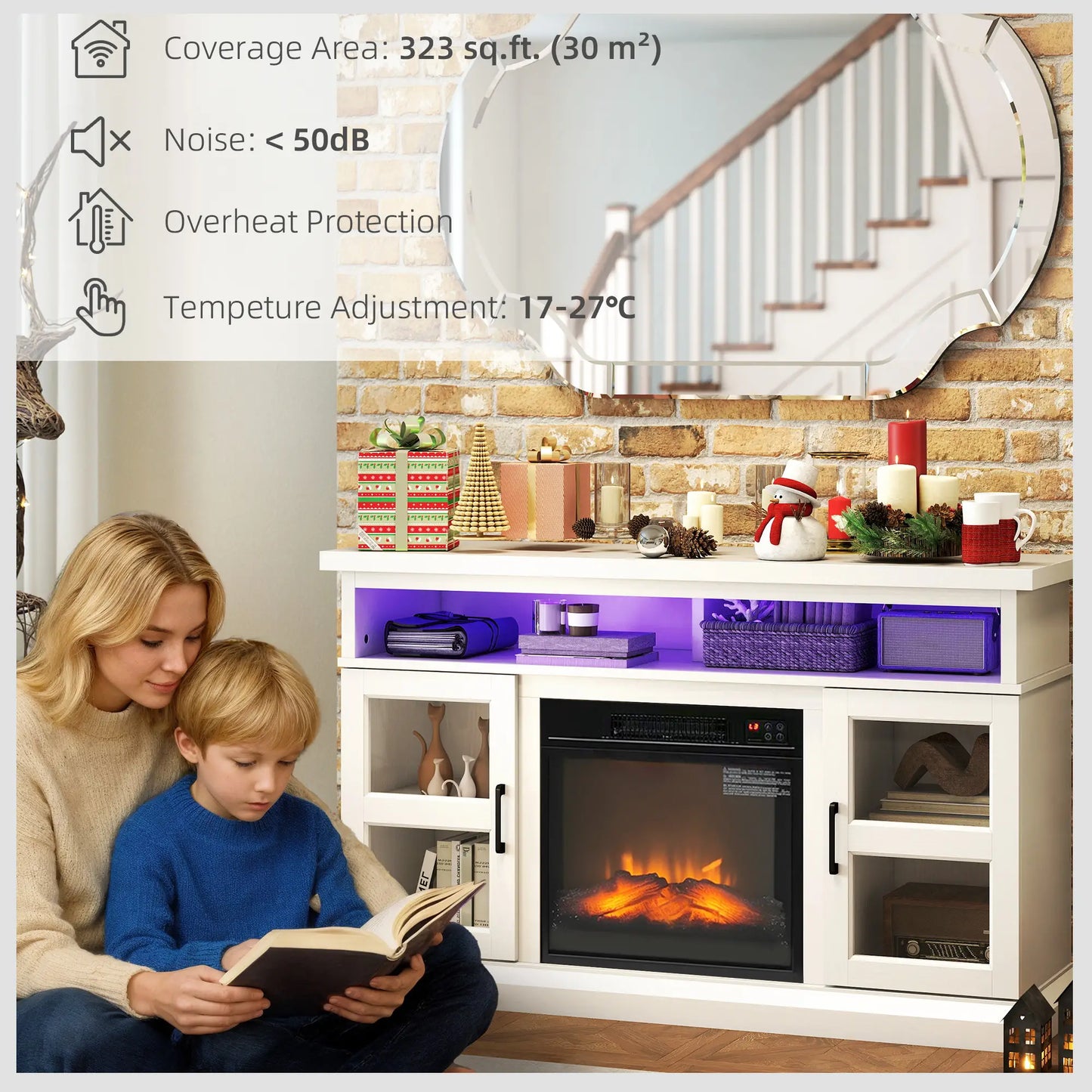 48 Inch Fireplace TV Stand, 3D Flame, Adjustable Shelves, White Electric Fireplaces at Gallery Canada