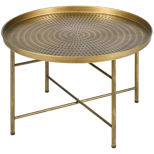 Vintage Coffee Table for Living Room, 24" Round Center Table with Hammered Tray Top and Metal Frame, Gold Coffee Tables Gold at Gallery Canada