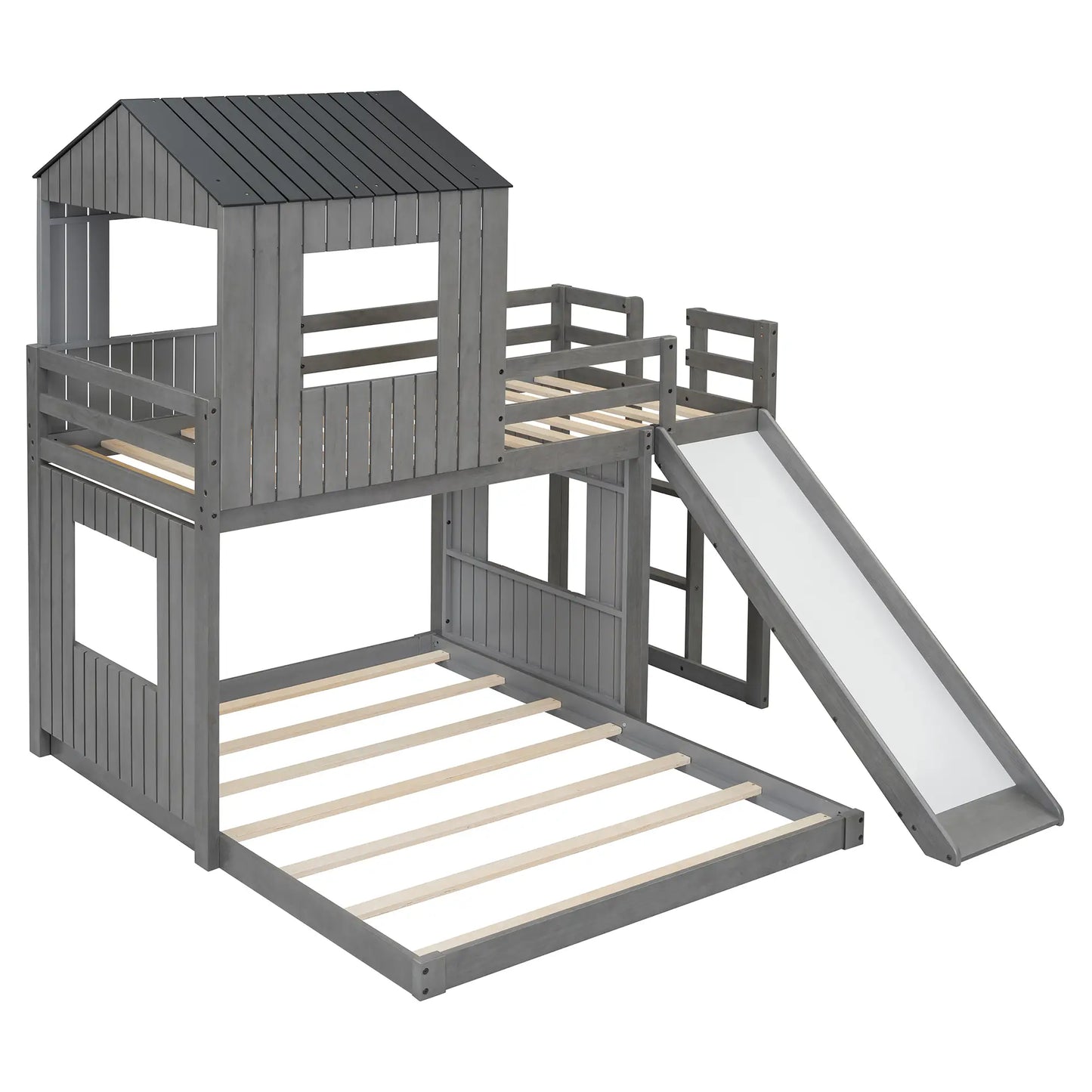 Twin Over Full Bunk Bed, Farmhouse Style, 82" L x 89" W x 82.5" H, Antique Grey Bed Frames at Gallery Canada