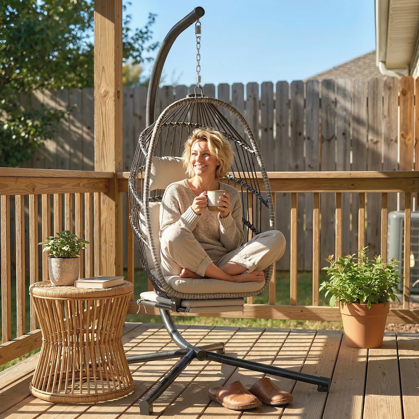 Outdoor Hanging Egg Chair, Retractable Footrest, Metal Stand, Light Grey Patio Swings with Stand at Gallery Canada
