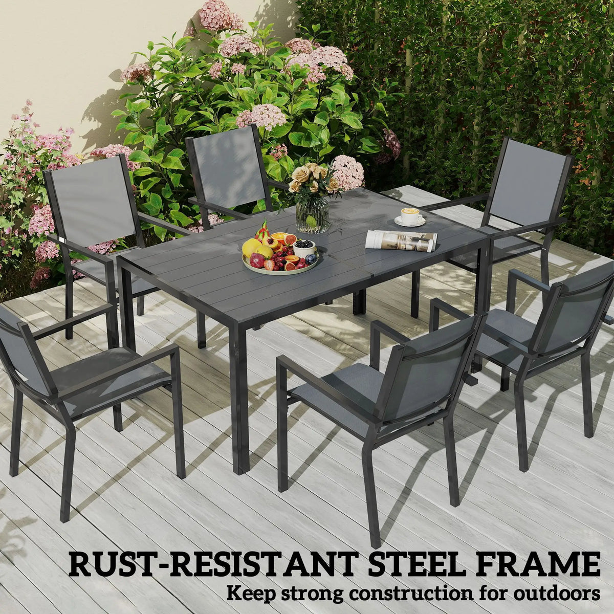 7-Piece Outdoor Dining Set, 6 Stackable Chairs, Rectangle Table, WPC Top