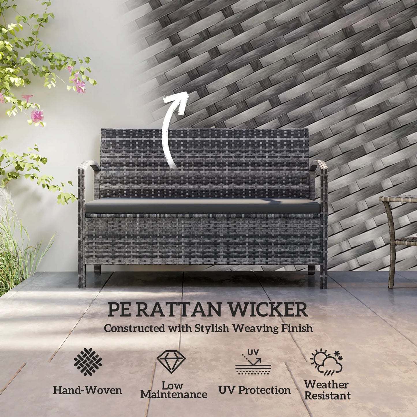 33 Gallon Outdoor Storage Bench, Wicker Deck Box Patio Seat, Grey Outdoor Benches at Gallery Canada