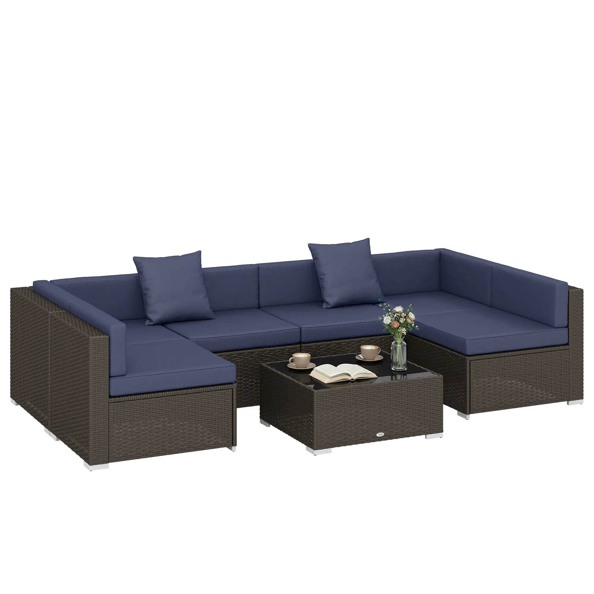 7pc Garden Wicker Sectional Set, Patio Rattan Lounge Sofa, Navy Blue Patio Furniture Sets at Gallery Canada
