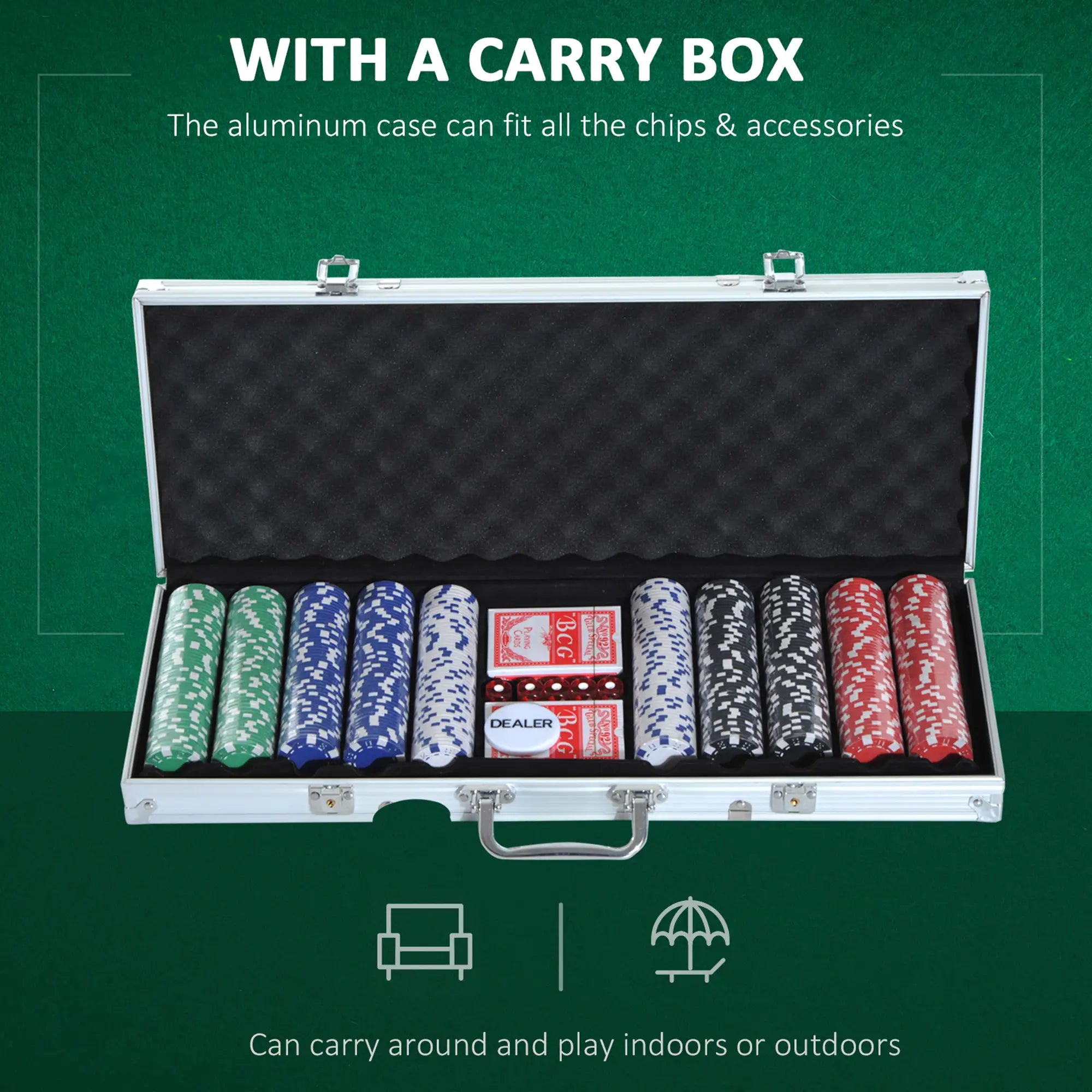 11.5 Gram Poker Chips Set, Aluminum Case, 500 Striped Dice, 2 Card Decks, Silver Game Tables at Gallery Canada