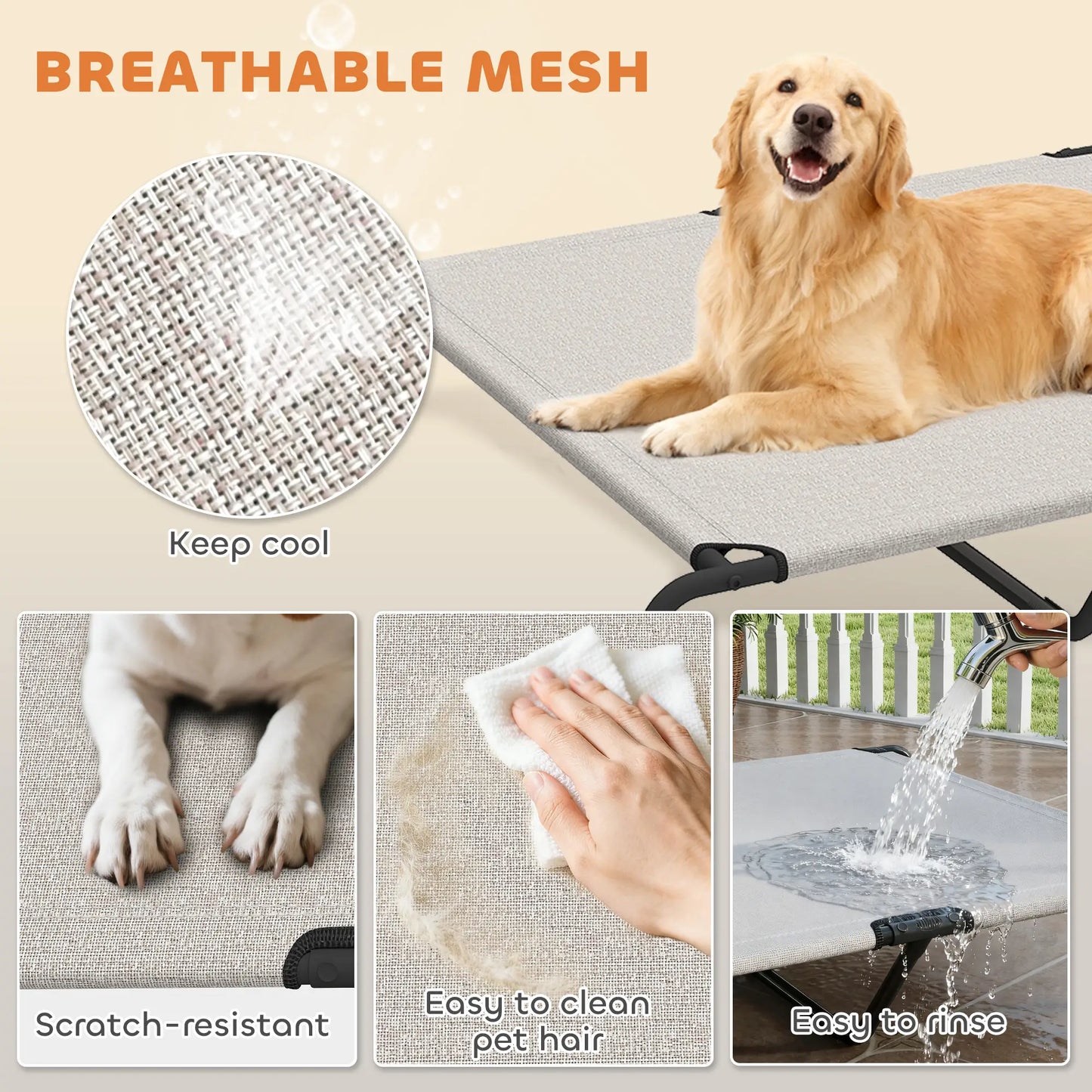 Large Dog Bed, Elevated Outdoor Cot, Breathable Mesh, Beige