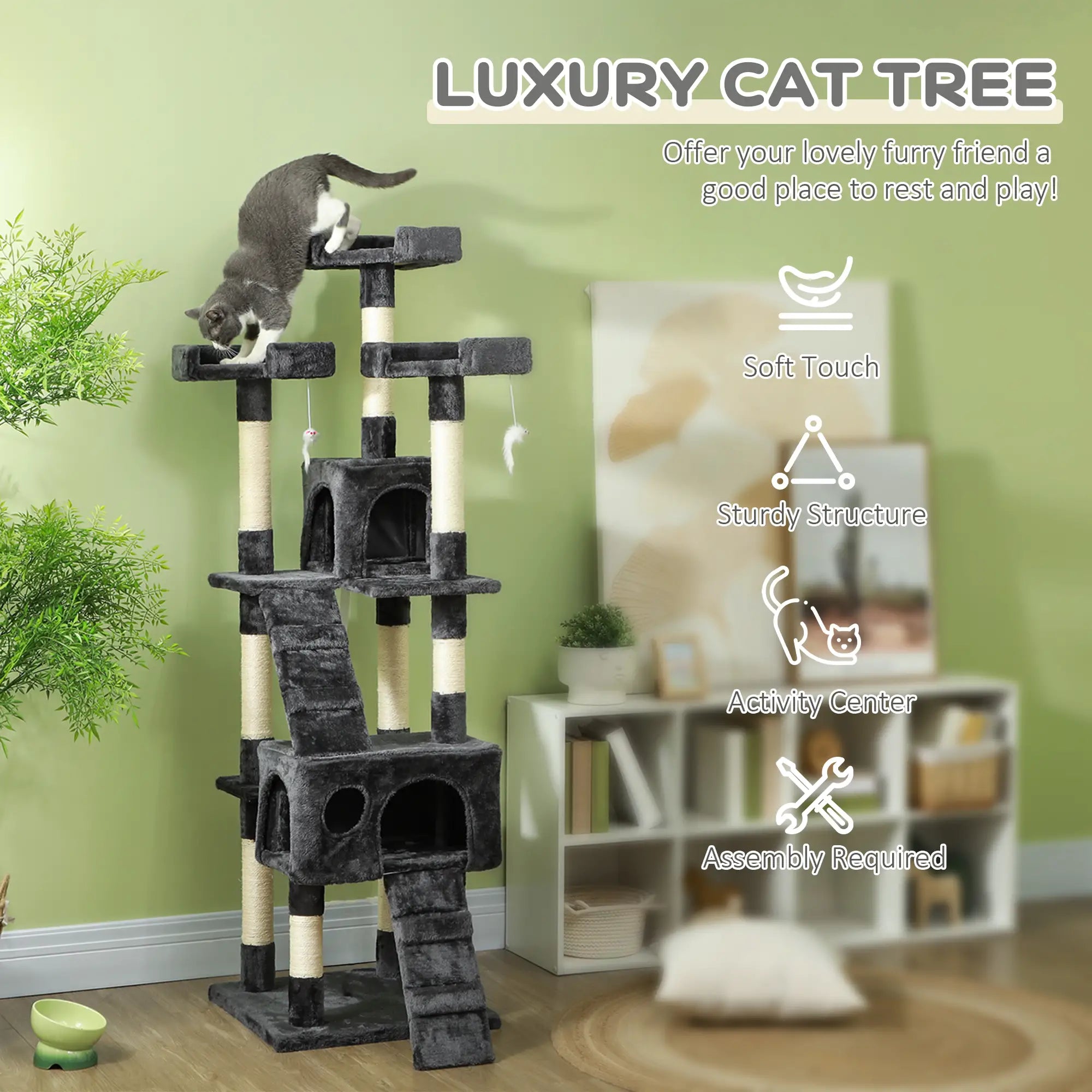 68-Inch Multi-Level Cat Scratching Tree, Kitty Activity Center, Grey Cat Towers at Gallery Canada