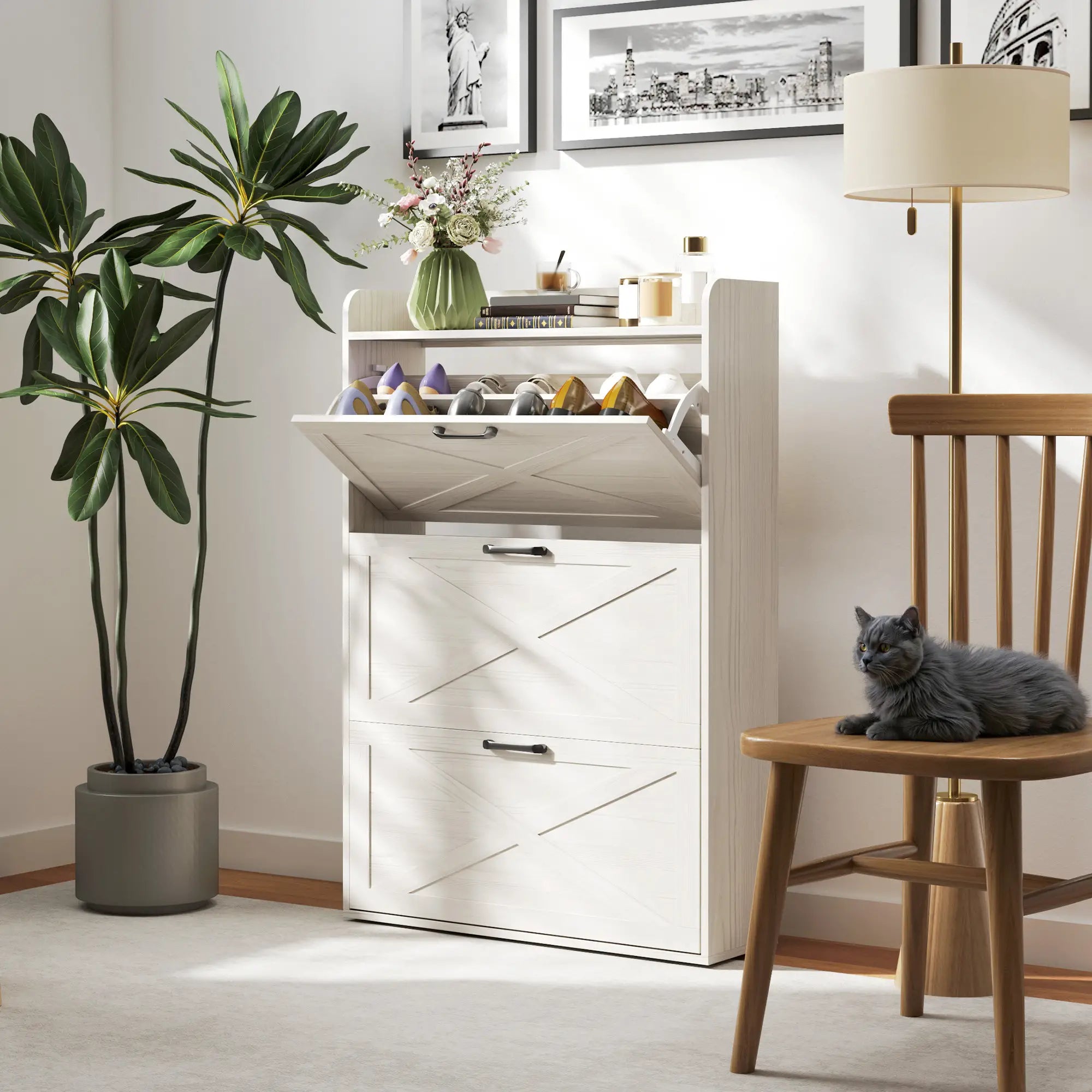 Narrow Shoe Storage Cabinet, 3 Flip Drawers, Adjustable Shelves, White Oak Shoe Storage Cabinets & Racks at Gallery Canada