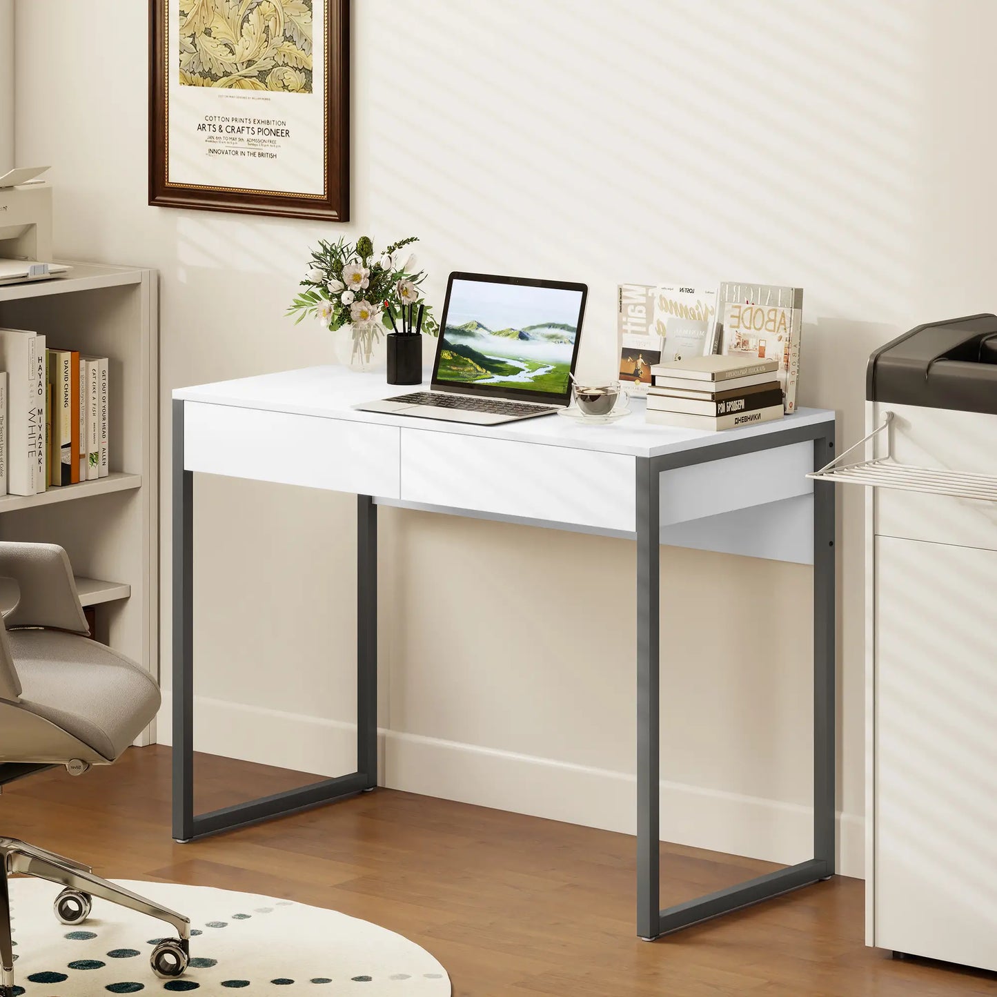 39" x 20" Computer Desk, 2 Drawers, High Gloss, White and Grey Computer Desks at Gallery Canada