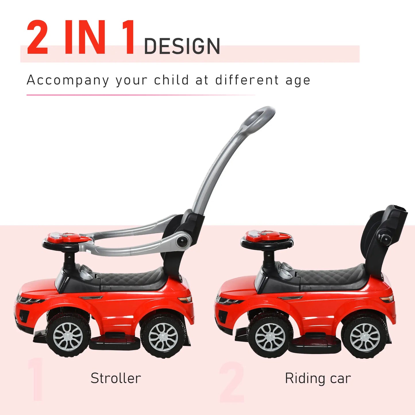 3 In 1 Ride On Push Car, Toddler Sliding Walking Car, Red