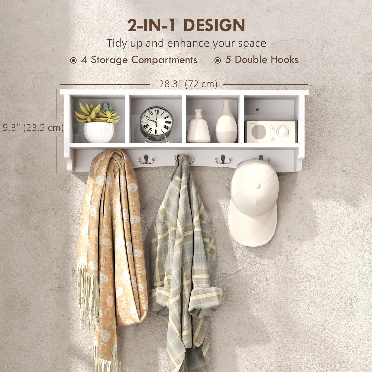 Wall Mount Coat Rack with Shelf, 28", 5 Hooks, 4 Compartments, White Clothing Storage at Gallery Canada