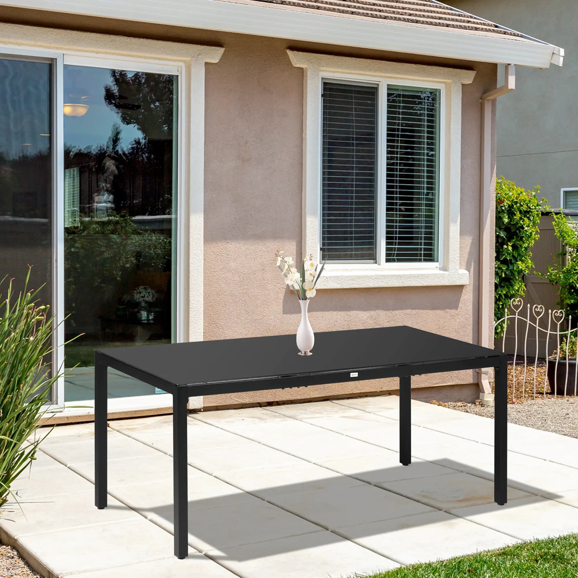 Rectangular Outdoor Dining Table For 8, Tempered Glass Top, Aluminum Frame, 70.9