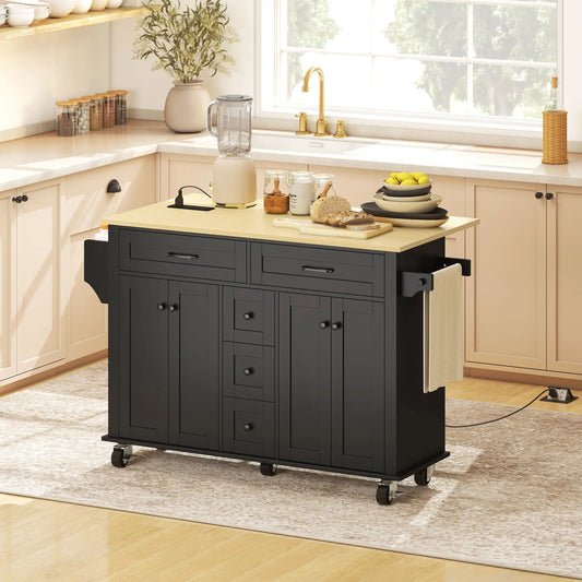 55" Kitchen Island Cart With Power Outlet, Drop Leaf, Storage, Black Kitchen Islands & Kitchen Carts Black, Natural Wood Finish at Gallery Canada