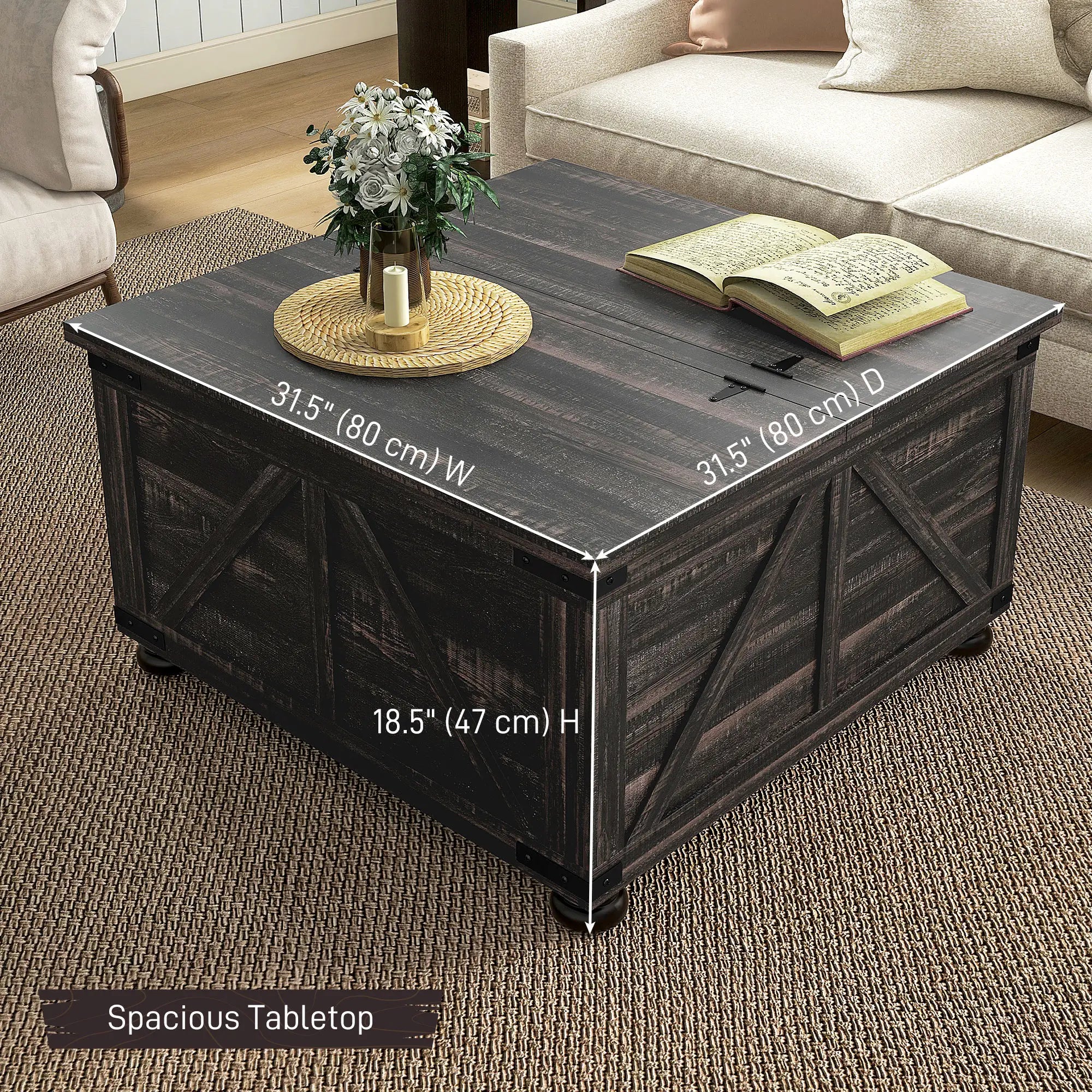 Farmhouse Coffee Table, Square Flip-Top Lid, Hidden Storage, Distressed, Brown Coffee Tables at Gallery Canada