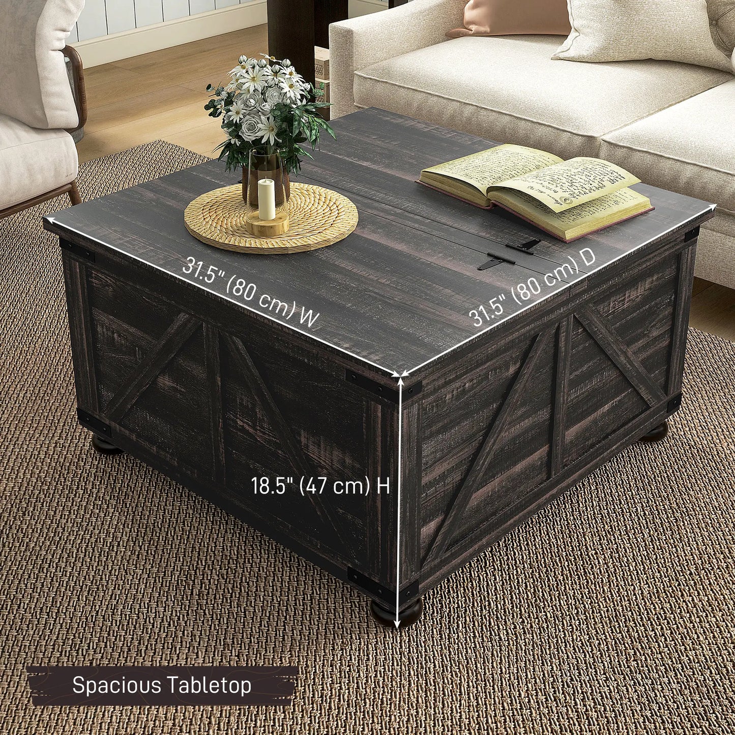 Farmhouse Coffee Table, Square Flip-Top Lid, Hidden Storage, Distressed, Brown Coffee Tables at Gallery Canada