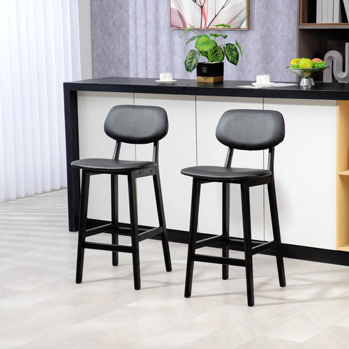 PU Leather Bar Stools Set of 2, Counter Height with Footrest, Solid Wood Legs, Black