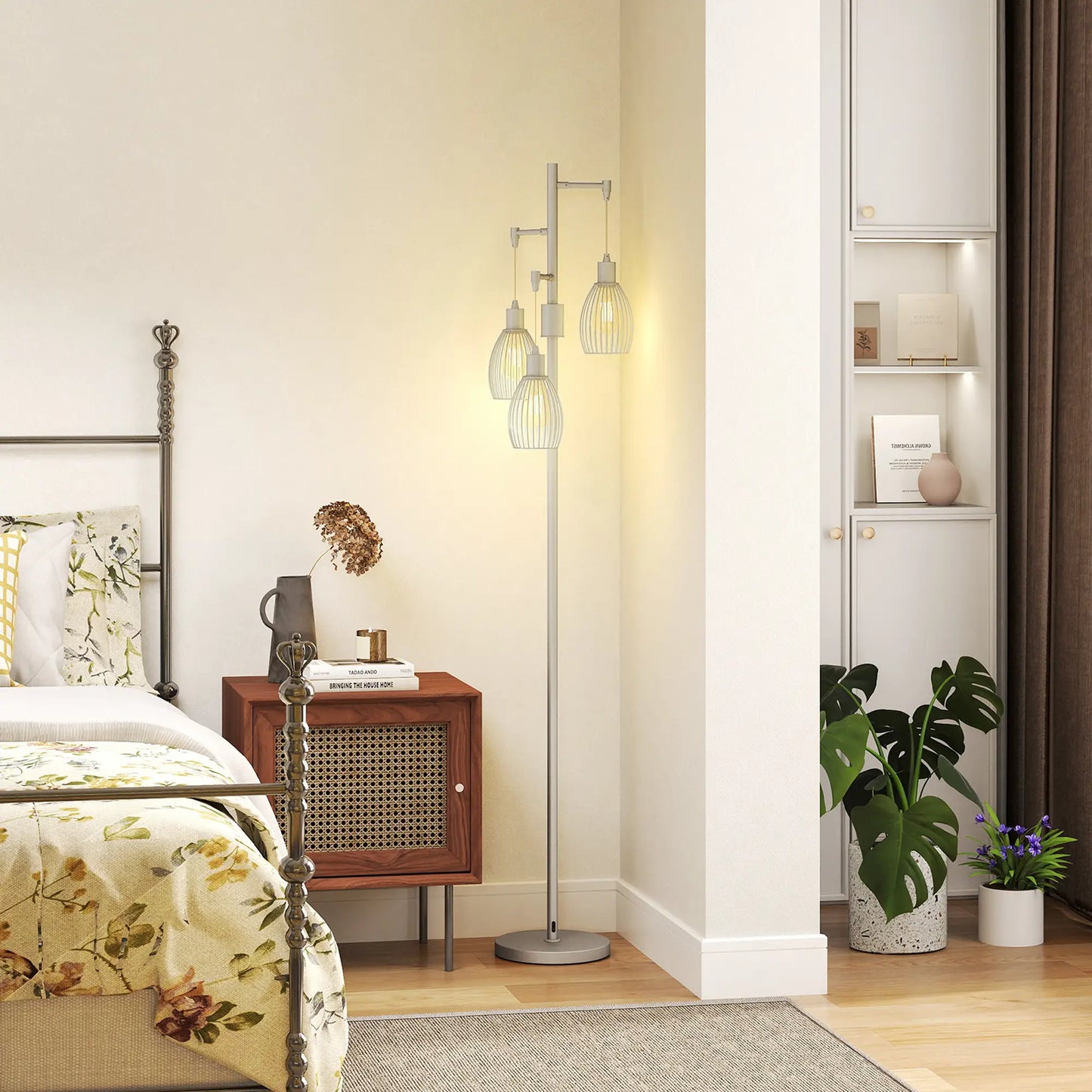 Industrial Floor Lamp, 3 Hanging Wire Lampshades, Dimmable, Silver Floor Lamps & Ceiling Fan Lights at Gallery Canada