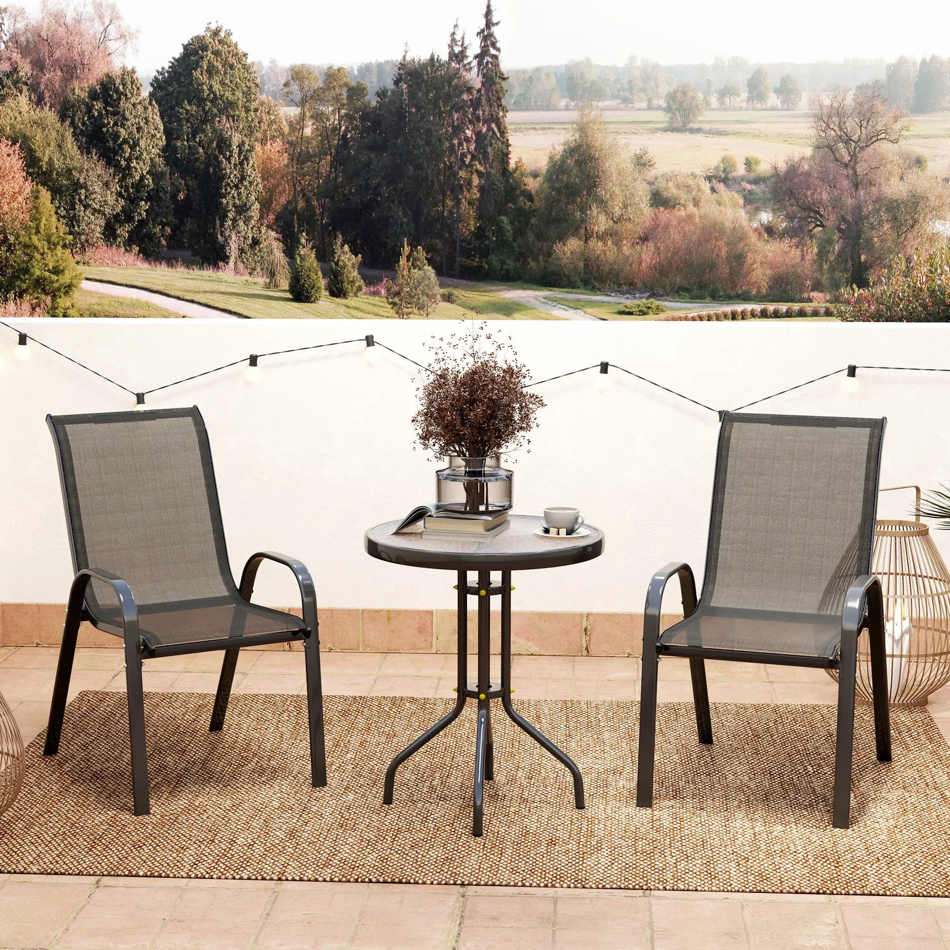 3 Piece Bistro Set, Stackable Mesh Chairs, Glass Table, Black Bistro Sets at Gallery Canada