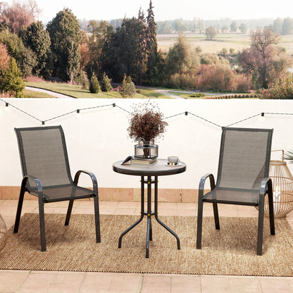 3 Piece Bistro Set, Stackable Mesh Chairs, Glass Table, Black Bistro Sets at Gallery Canada