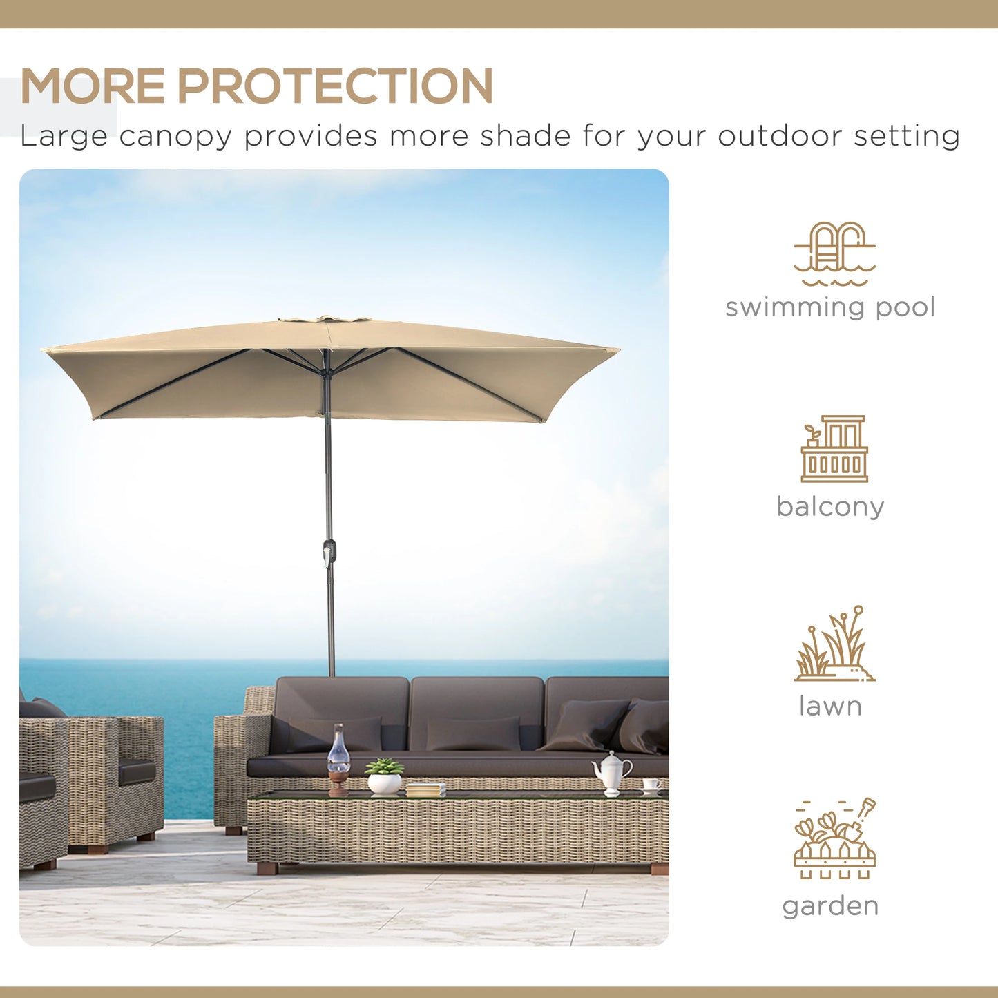 6.5x10ft Rectangle Patio Umbrella, Aluminum Frame, Crank Handle, Tan Sun Umbrellas at Gallery Canada