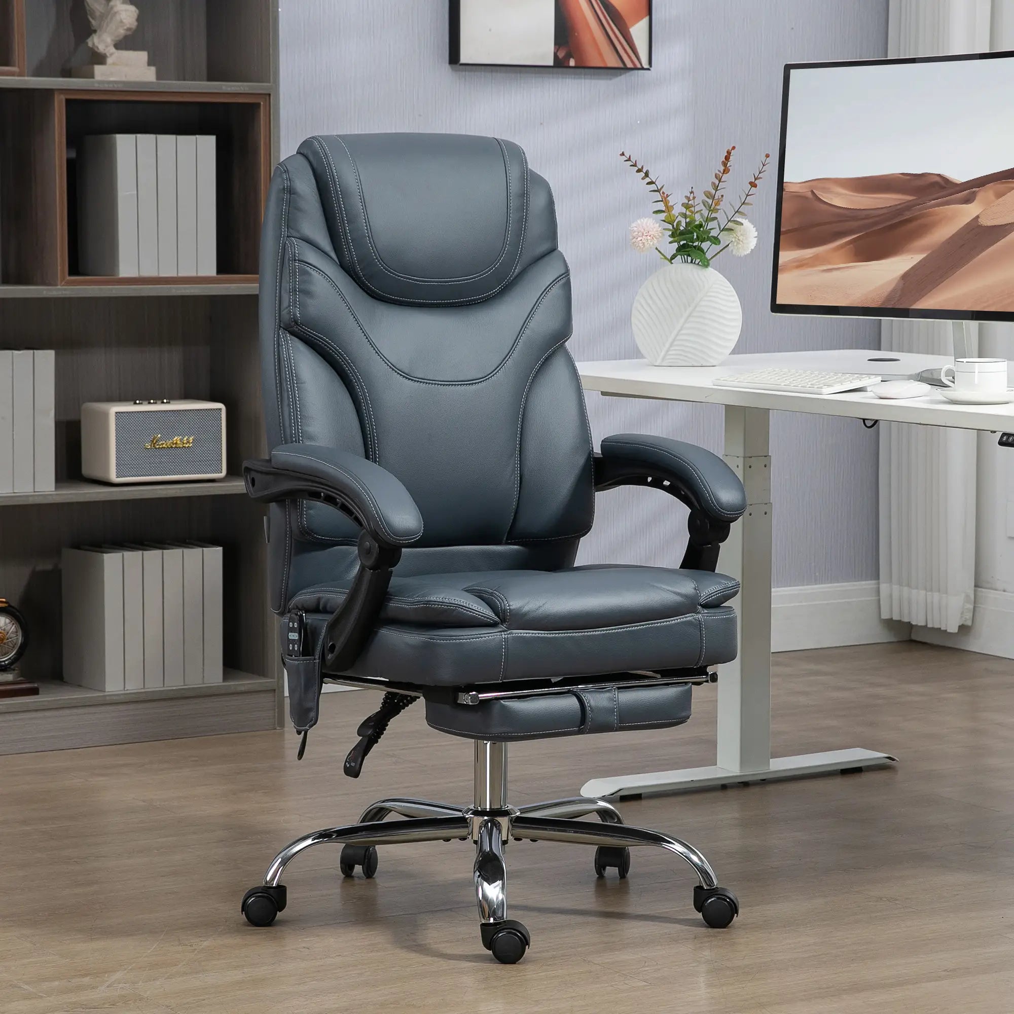 6 Point Vibration Massage Office Chair, PU Leather, Heated, Reclining, Grey Massage Chairs at Gallery Canada